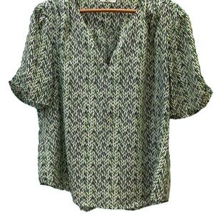 Milano green/navy blouse. Short sleeved. Size XL (no size tag). Flowy fabric.